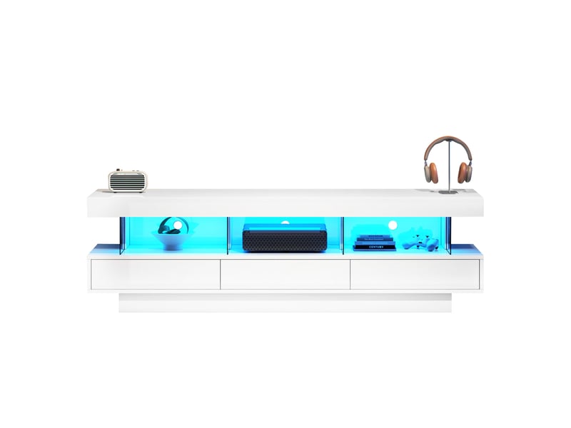  Meuble tv avec 3 niches en verre led bluetooth pour salon 160×38×50,5 cm en panneaux de particules blanc  - Conforama A