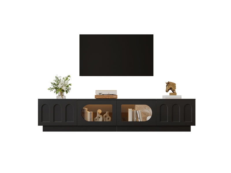  Meuble tv 4 portes led avec vitrines et passe-câbles pour salon 200×40×42 cm en mdf noir  - Conforama A