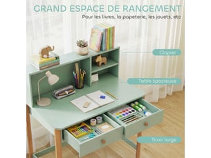 Bureau enfant en bois, bureau avec rangement, 2 tiroirs et 3 compartiments ouverts, plateau large, vert, 90x52x105cm