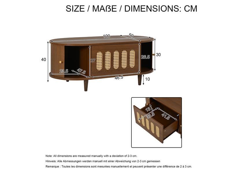  Table basse 100x50x40 cm, rangement avec 1 tiroir et 2 portes coulissantes, motif rotin, mdf, décor noyer  - Conforama D