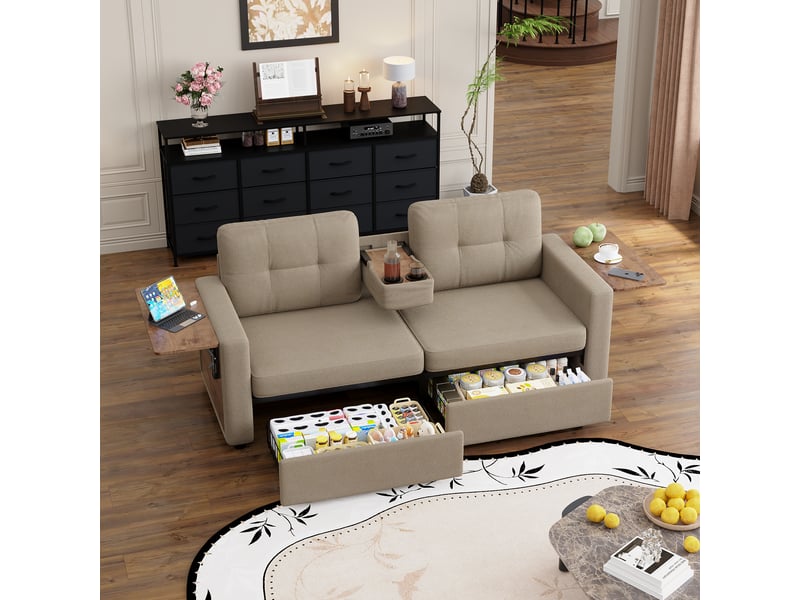  Canapé 2 places 178 x 71 x 57,5 cm, assise réglable, 2 rangements, tablette rabattable pour ordinateur, porte-gobelets, chenille, kaki OMNIGLINT TRADING LTD - Conforama C