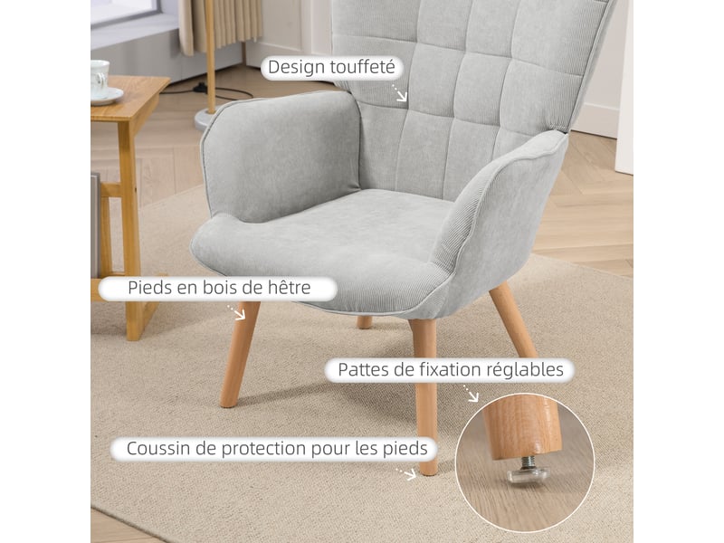  Fauteuil avec repose pied, dossier haut, pour salon chambre à coucher gris, pieds en bois et tissu aspect velours côtelé  - Conforama E