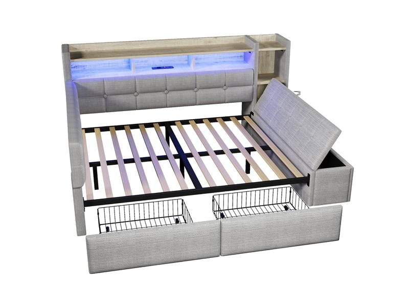 Lit banquette gris 140x190 cm avec tiroirs, led, usbtype-c, velours, rangement intégré - Conforama E