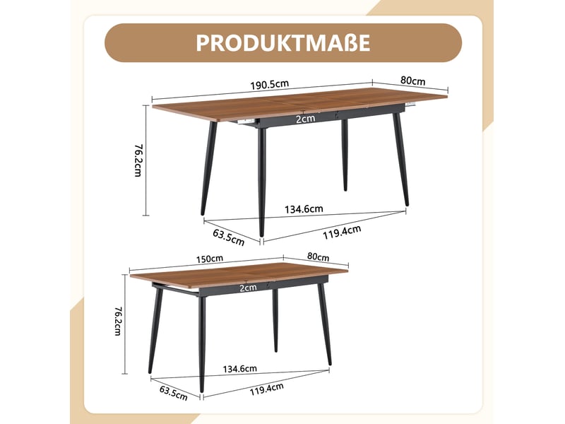 Table à manger rectangulaire 190.5x80x75 cm ou 150x80x75 cm en mdf et métal noyer - Conforama E