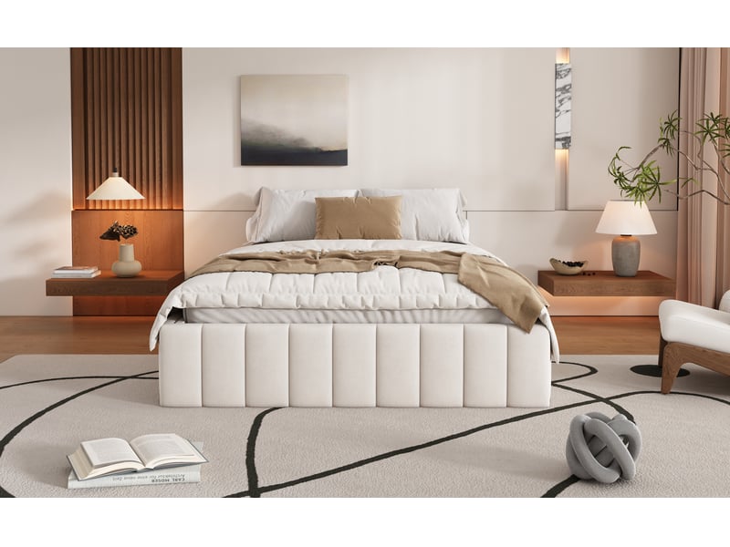  Lit avec tiroirs double 140×200 cm, 4 tiroirs, rangement  - sans matelas, velours - beige  - Conforama E