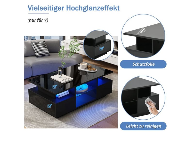  Table basse led - dimensions - éclairage led intégré - surface noire haute brillance - 2 tiroirs pratiques 100x50x36cm - Conforama E