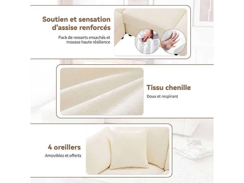 Canapé d'angle en chenille beige convertible 3 à 4 places 218 x 156,5 cm avec pouf mobile - Conforama W