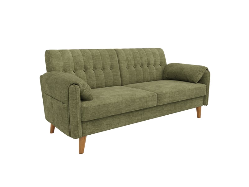  Canapé 2 places 161,5 x 79 x 83,5 cm en chenille, dossier capitonné, 2 coussins d’accoudoir, poches latérales, pieds en bois massif - vert  - Conforama A