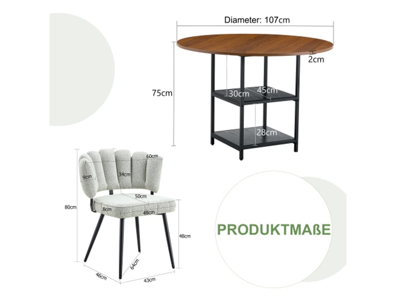 Table ronde 107 cm esprit noyer, double rangement + 4 chaises crème-gris bouclé à dossiers floraux - Conforama C