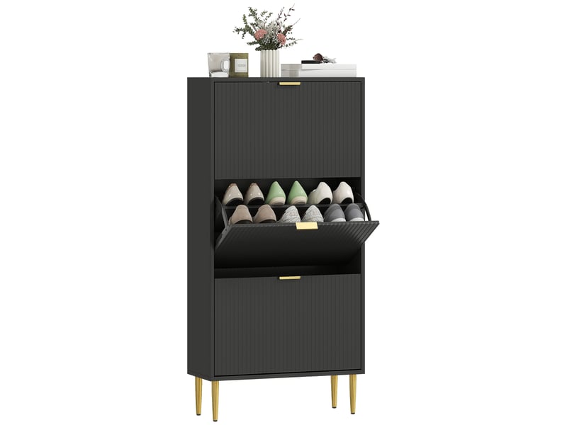  Meuble à chaussures 18 paires avec 3 tiroirs rabattables, portes cannelées et étagères réglables, 60x24x122,5cm, noir  - Conforama A