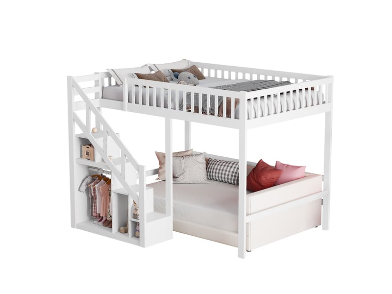  Lit mezzanine 2 places,lit mezzanine 140x200,lit superpose,lit mezzanine escalier,lit enfant escalier avec placard de rangement,bois massif,blanc  - Conforama A