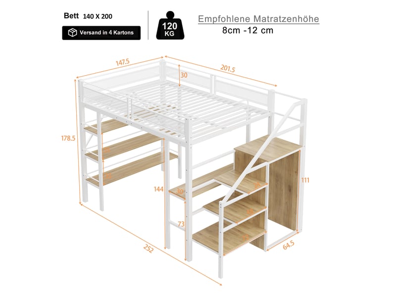  Lit mezzanine enfant 140x200 cm – blanc – bureau, armoire et rangements intégrés - sans matelas  - Conforama C