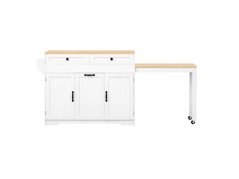  Îlot de cuisine extensible 188,6 x 36,7 x 92 cm, roulettes, 2 tiroirs, 3 portes et poubelle intégrée, blanc, en mdf  - Conforama A