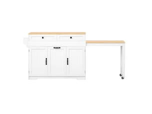 Îlot de cuisine extensible 188,6 x 36,7 x 92 cm, roulettes, 2 tiroirs, 3 portes et poubelle intégrée, blanc, en mdf