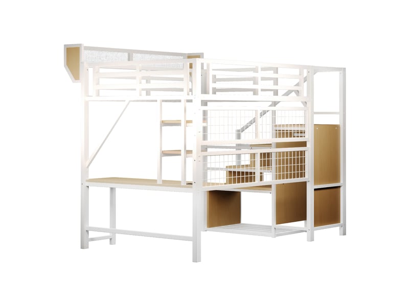  Lit mezzanine,140x200 cm,avec bureau, rangements, led et prises,métal,blanc  - Conforama E
