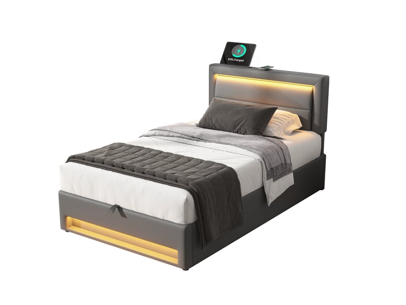  Lit capitonné 90x190 simili cuir gris avec éclairage led et port usb - rangement intégré  - Conforama W