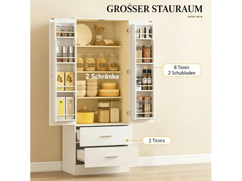  Buffet de cuisine 60x40x159 cm 2 portes 2 tiroirs mdf panneau de particules blanc  - Conforama D