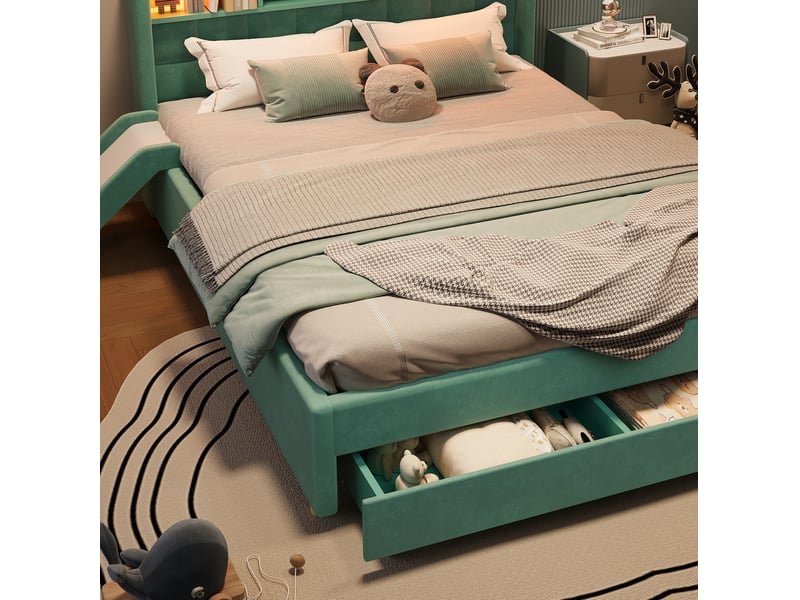  Lit cabane enfant 140x200 cm avec toboggan, led et rangement bleu-vert, sans matelas  - Conforama D