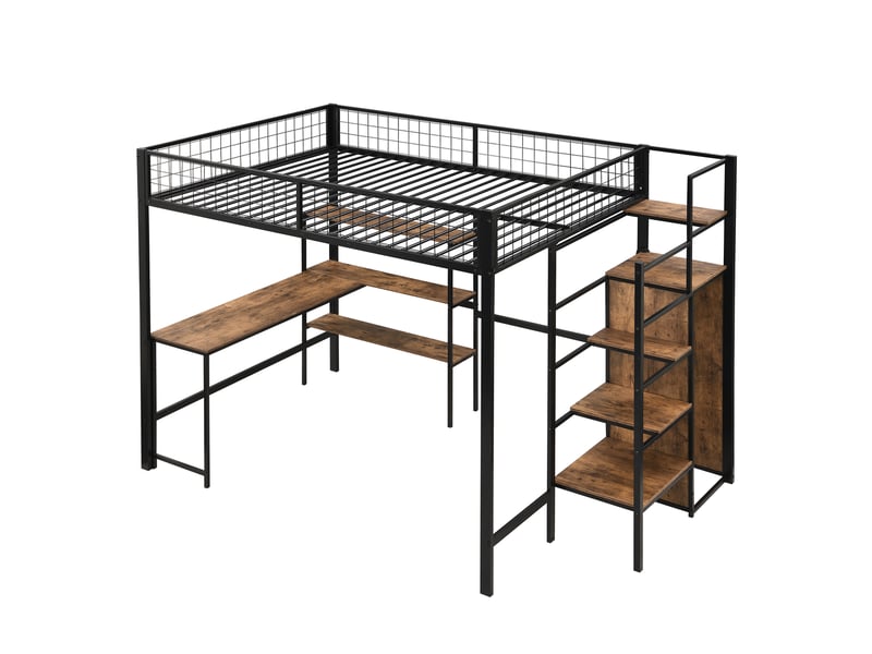 Lit mezzanine noir 140x200 cm en métal avec bureau, étagères et armoire intégrée - Conforama A