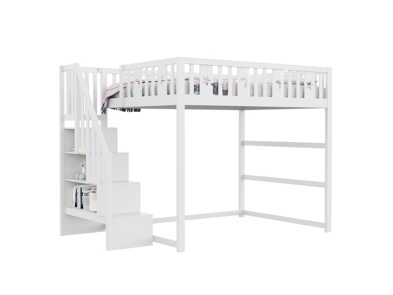  Lit mezzanine enfant 140x200 cm – blanc – escalier-rangement, espace détente, motifs étoile et lune, sans matelas  - Conforama A