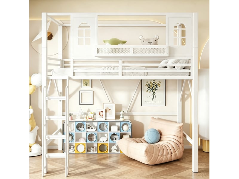 Lit mezzanine enfant 90x200 cm, toit maison, échelle, fenêtres décoratives, métal et mdf, blanc sans matelas - Conforama E