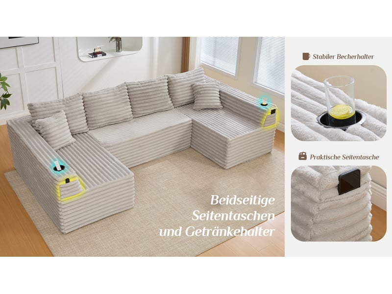  Canapé panoramique modulable 320 x 155 x 88 cm avec 2 méridiennes, assise à ressorts et porte-gobelets, velours côtelé, gris clair Morn Vibe - Conforama D