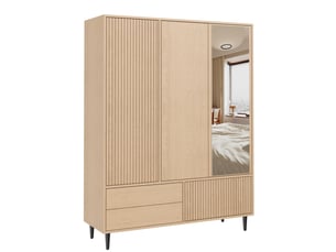 Armoire 135x45x200 cm avec 3 portes, 3 tiroirs et miroir, mdf et métal, bois clair, meuble chambre et dressing, déco