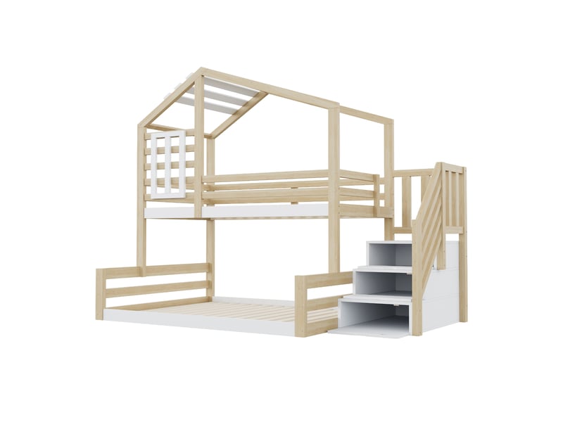Lit superposé naturel 90x200 cm en pin, fenêtre, escalier-rangement, style maison - Conforama D
