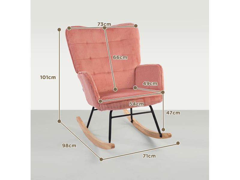 Fauteuil à bascule avec accoudoirs, dossier haut et base en bois, revêtement en polyester rose - Conforama C