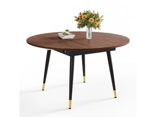 Table à manger extensible moderne se transformant de ronde à ovale en mdf noir ou noyer avec accents dorés sur pieds métalliques gain de place