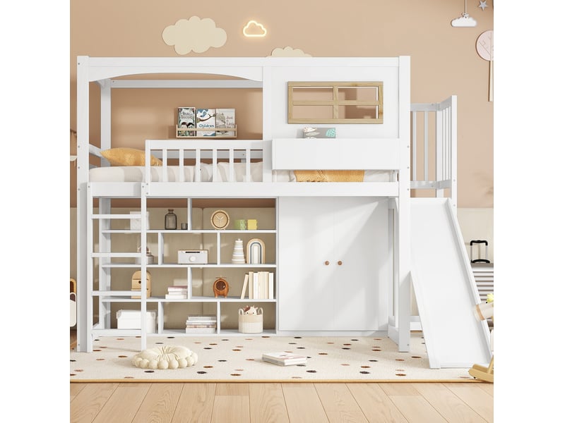  Lit mezzanine enfant 90 x 200 cm avec toboggan, armoire et étagères blanc naturel  - Conforama D