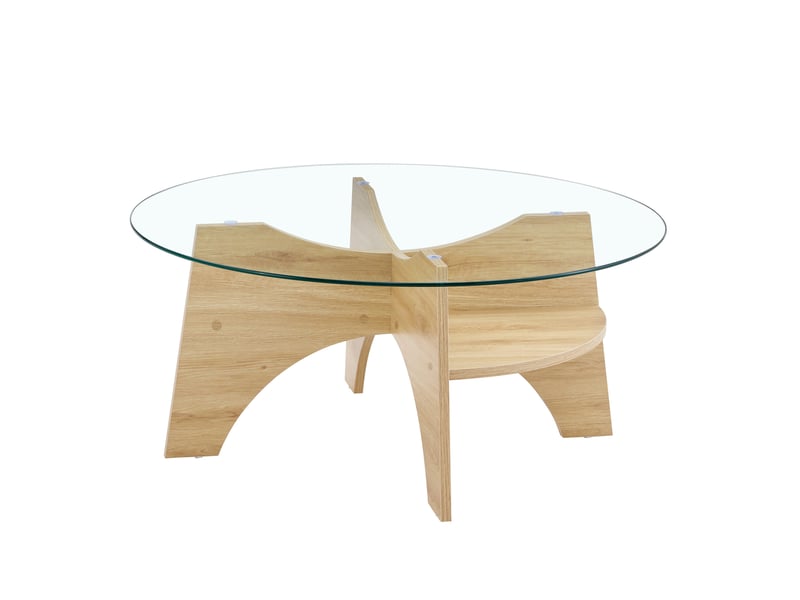  Table basse ulevr ronde en verre transparent ø 80 cm, piètement mdf aspect bois naturel, hauteur 36 cm  - Conforama A