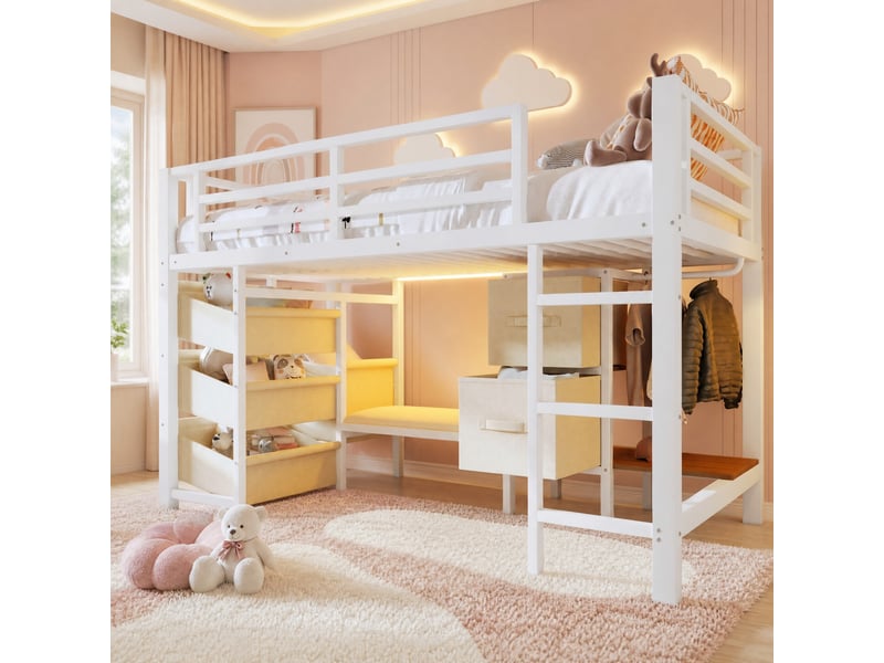  Lit simple 90x200 cm avec led multicolore et rangements en tissu en métal blanc  - Conforama C