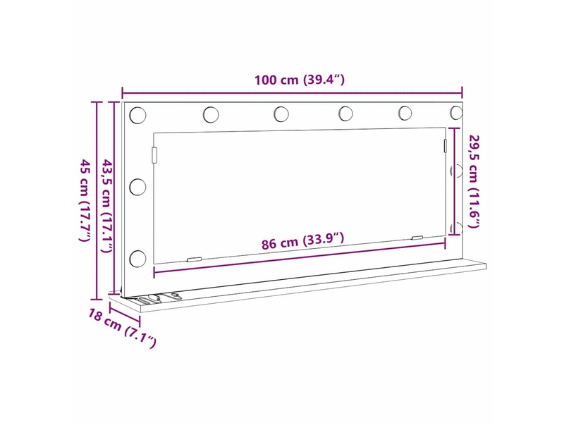 Miroir de vanité, miroir de coiffeuse chêne sonoma 100 x 45 x 18 cm rectangulaire cf62767 - Conforama E