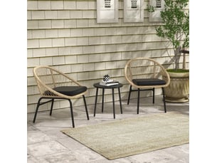 Salon de jardin 3 pièces en rotin jaune, 2 fauteuils avec coussins et table ronde à plateau en acier