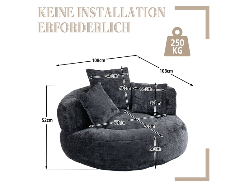  Fauteuil pouf en tissu noir 108 x 108 cm, dossier haut enveloppant et 3 coussins pour se détendre à la maison  - Conforama C