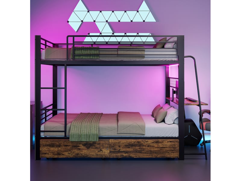  Lit superposé modenvie 90 x 200 cm avec bureau led et tiroirs de rangement en métal et mdf  - Conforama D