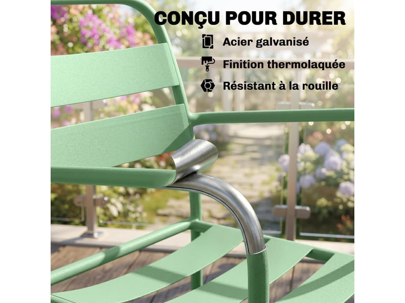  Salon de jardin bistrot 3 pièces table en verre et 2 chaises en acier vert  - Conforama E