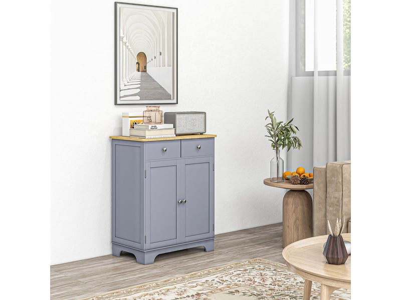 Meuble de rangement buffet salon avec placards, 2 tiroirs et étagères réglables, 68x40,3x85cm, gris et bois naturel - Conforama A