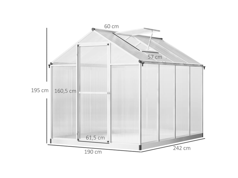  Serre de jardin aluminium polycarbonate 4,6 m² dim. 2,42l x 1,9l x 1,95h m lucarne porte loquet  - Conforama E