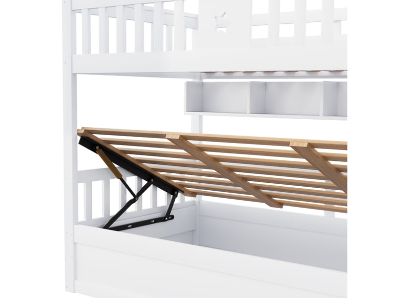  Lit superposé 90x200 cm,avec hydraulique sous le lit inférieur, escalier avec rangements et étagères, bois,blanc  - Conforama E