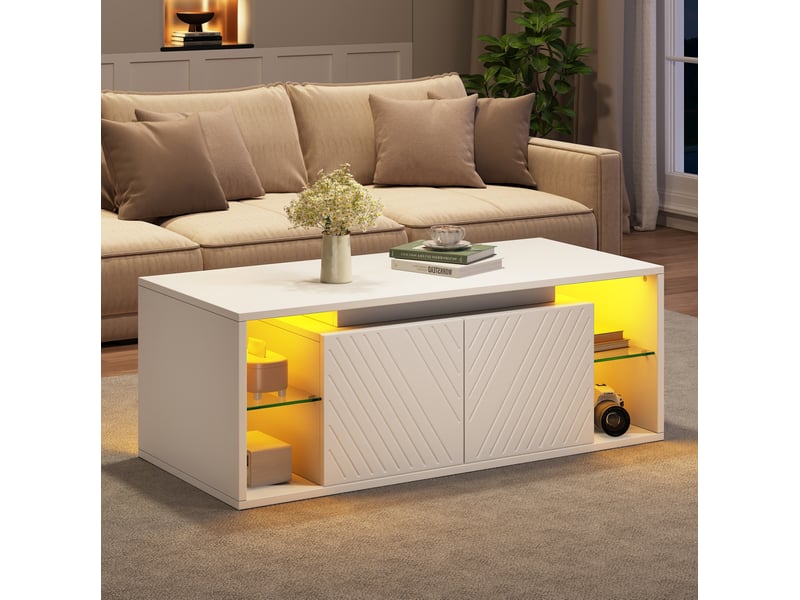  Table basse 100 x 50 x 41 cm en panneau de particules avec led et rangement blanche chicfurn  - Conforama B