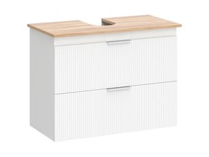 Meuble sous vasque 80 cm blanc, 2 tiroirs et plateau aspect bois, avec découpe pour tuyaux