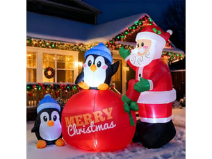 Père noël gonflable 2 m avec pingouins et led, décoration de noël extérieure pour jardin et pelouse