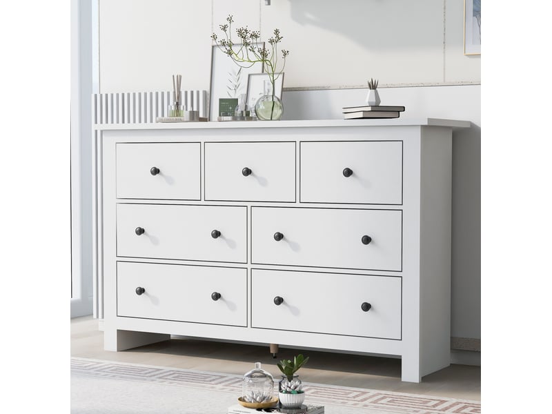  Buffet ulevr 7 tiroirs de rangement 152 x 40 x 88,5 cm en panneaux de particules blanc  - Conforama D