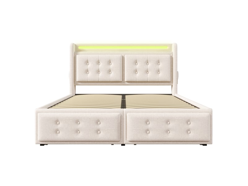  Lit en coton lin avec tête de lit en cuir 160x200cm  - Conforama A