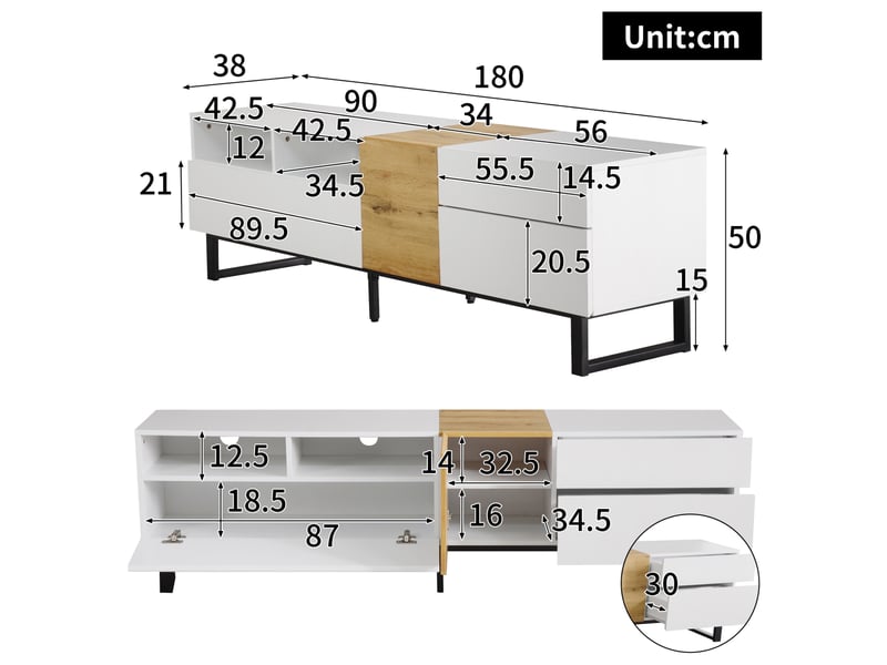  Meuble tv modenvie blanc et décor bois 180 x 38 x 50 cm avec 2 tiroirs et 2 portes  - Conforama C