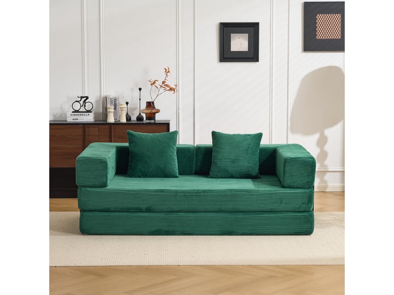 Canapé de sol corda, vert foncé, convertible en lit, coussins, accoudoirs, tissu velours côtelé - Conforama B