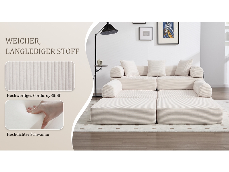 Canapé modulaire avec rangement 270x180x64 cm en velours côtelé beige, 3 places et modules séparables - Conforama R