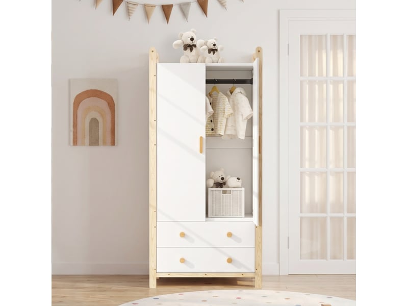  Armoire 2 portes 89,6x44x180,5 cm, penderie 2 tiroirs tringle, métal panneaux de particules bois naturel et blanc  - Conforama B